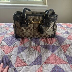 Coach Beige Signature Canvas Shoulder Bag with Dark Brown Trim